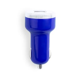 A blue USB car charger with a white top and silver connector. It includes a logo on the surface.