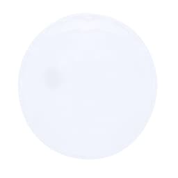 A clear, round container with a smooth surface, featuring a minimalistic design. It has a simple logo.