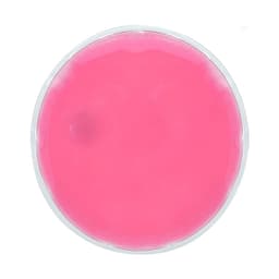 A round, pink gel product in a clear container, featuring a smooth and shiny surface. Includes branding on the container.