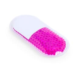 A pink gel pack in a clear plastic pouch, with a smooth white section on one side.