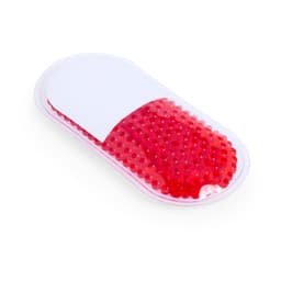 A red gel pack in a transparent case, featuring small beads inside for therapeutic use.