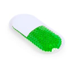 A green gel pack contained in a clear, oval-shaped pouch with a white flap.