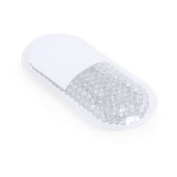 A clear gel pack with small beads inside, enclosed in a white casing. It has a smooth surface and rounded edges.