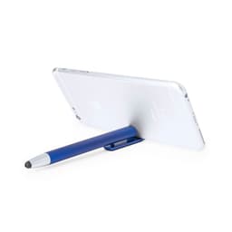 A blue ballpoint pen is positioned against a smartphone, which is propped up with a pen holder. The smartphone has a logo.