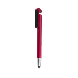 A red ballpoint pen with a silver tip and a clip, featuring a black section for grip.