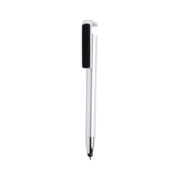 A sleek white ballpoint pen with a black clip and a glossy finish, featuring a logo on the side.