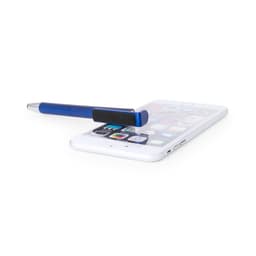 A blue ballpoint pen rests on a white smartphone, showcasing its sleek design. The pen features a logo on its surface.