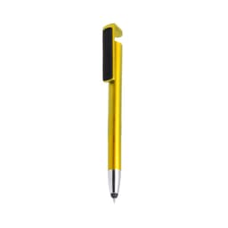 A yellow Finex ballpoint pen with a black grip and a silver tip, featuring a clip.