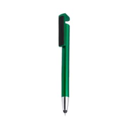 A green ballpoint pen with a silver tip and a black clip. It features a branding logo on the clip.