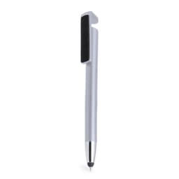 A silver ballpoint pen with a black clip and shiny chrome tip, featuring a branding logo.