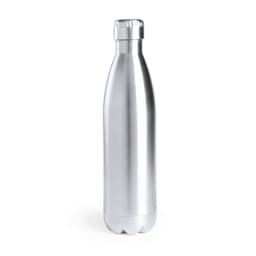 A drink bottle with a sleek, silver stainless steel design, featuring a cap and a logo. It's insulated for temperature retention.