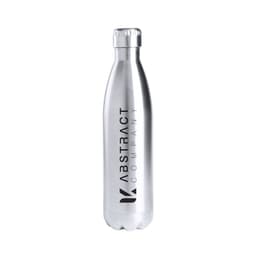 A drink bottle in a sleek silver finish, featuring a logo and designed for insulation.