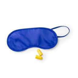 A blue sleep mask accompanied by two yellow earplugs, designed for comfortable sleeping.