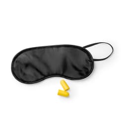 A black sleep mask with a soft finish, accompanied by two yellow earplugs, ideal for blocking light and noise.