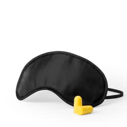 A black sleep mask paired with yellow earplugs, designed for comfortable rest and relaxation.