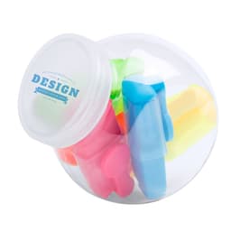 A clear jar containing colourful highlighters in pink, yellow, and blue, with a branding logo on the lid.