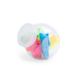 A clear container filled with brightly coloured markers in pink, blue, yellow, and green, featuring various shapes.