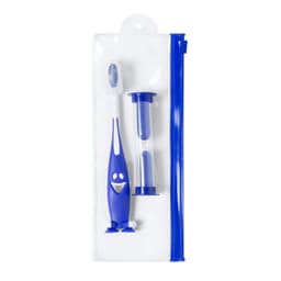 A blue toothbrush with a smiling design and a sand timer, packaged in a clear case with a blue zip.