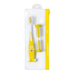 A yellow toothbrush and hourglass timer in a clear plastic case, featuring a smiley design.