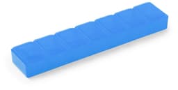 A blue pillbox with eight compartments, featuring a smooth surface and a small logo.