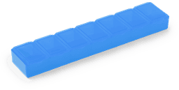 A blue pillbox with sections for organising medication. It has a smooth surface and a compact design.
