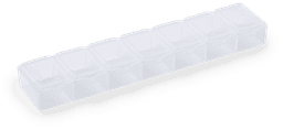 A clear plastic pillbox with eight compartments for organising medications, featuring a simple design.