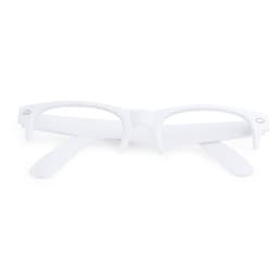 A pair of white glasses with a sleek design and a logo, laid flat on a surface.