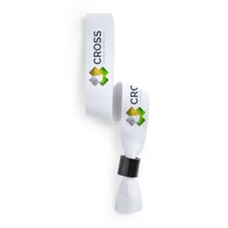 A white fabric wristband featuring a logo and a black fastening mechanism. Ideal for events and exhibitions.