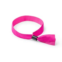 A pink event wristband featuring a knot closure. The wristband is made of a smooth, satin-like material.