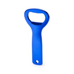 A blue bottle opener with a smooth handle and a rounded top, featuring a logo.