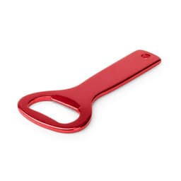 A red bottle opener with a rounded opening and a flat handle. It has a small hole for keyring attachment.