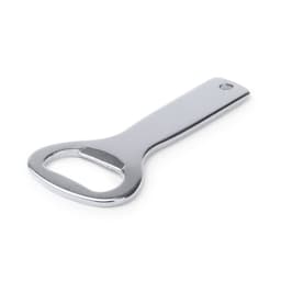A silver bottle opener with a curved handle, featuring a hole for keyring attachment.