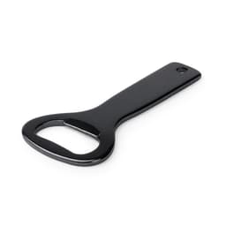 A black bottle opener with a sleek design, featuring a rounded opening at one end and a flat handle.