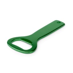 A green bottle opener with a flat handle and a circular opening, featuring a small hole for attachment.