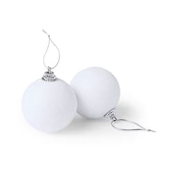 Two white decorative ornaments with silver caps and hooks, featuring a soft, textured surface.