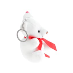 A white teddy bear keyring with a red ribbon around its neck and a metal keychain attached.