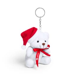 A white teddy bear keyring wearing a red Santa hat and bow, attached to a silver keychain.
