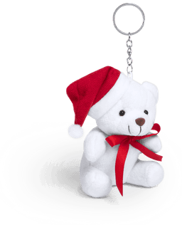 A white teddy bear keyring wearing a red hat and bow, attached to a silver keychain.