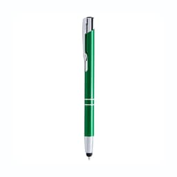 A green ballpoint pen with a chrome clip and decorative stripes. The pen features a stylus tip at one end.