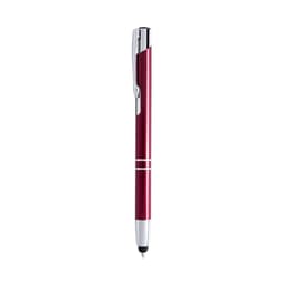 A burgundy ballpoint pen with chrome accents and a stylus tip, featuring a logo on the barrel.