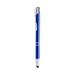A blue ballpoint pen with a chrome clip and accents, featuring a stylus tip and a logo.