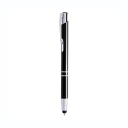 A black ballpoint pen with silver accents and a clip, featuring a stylus tip. It has a logo on the barrel.