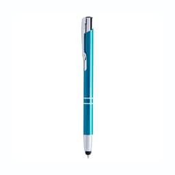 A blue ballpoint pen with silver accents and a stylus tip, featuring a sleek design and a logo.
