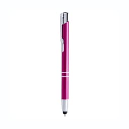 A pink ballpoint pen with chrome accents and a stylus tip, featuring a sleek design and a branding logo.