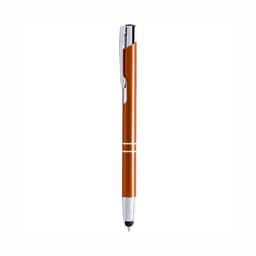An orange ballpoint pen with chrome accents, featuring a stylus tip and a branding logo.