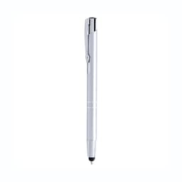 A silver ballpoint pen with a sleek design, featuring a stylus tip and a clip for easy attachment.