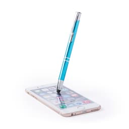 A blue ballpoint pen resting on a smartphone screen, featuring a stylus tip and a branding logo.