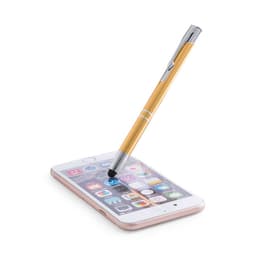 A gold ballpoint pen with a stylus tip rests on a smartphone screen, featuring a logo on the pen.
