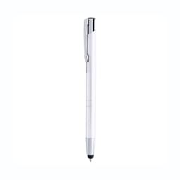 A white ballpoint pen with a silver clip and tip, featuring a branding logo. Suitable for writing and stylus use.