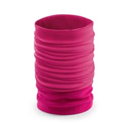 A bright pink scarf accessory with a textured, gathered design. It features a logo on its surface.
